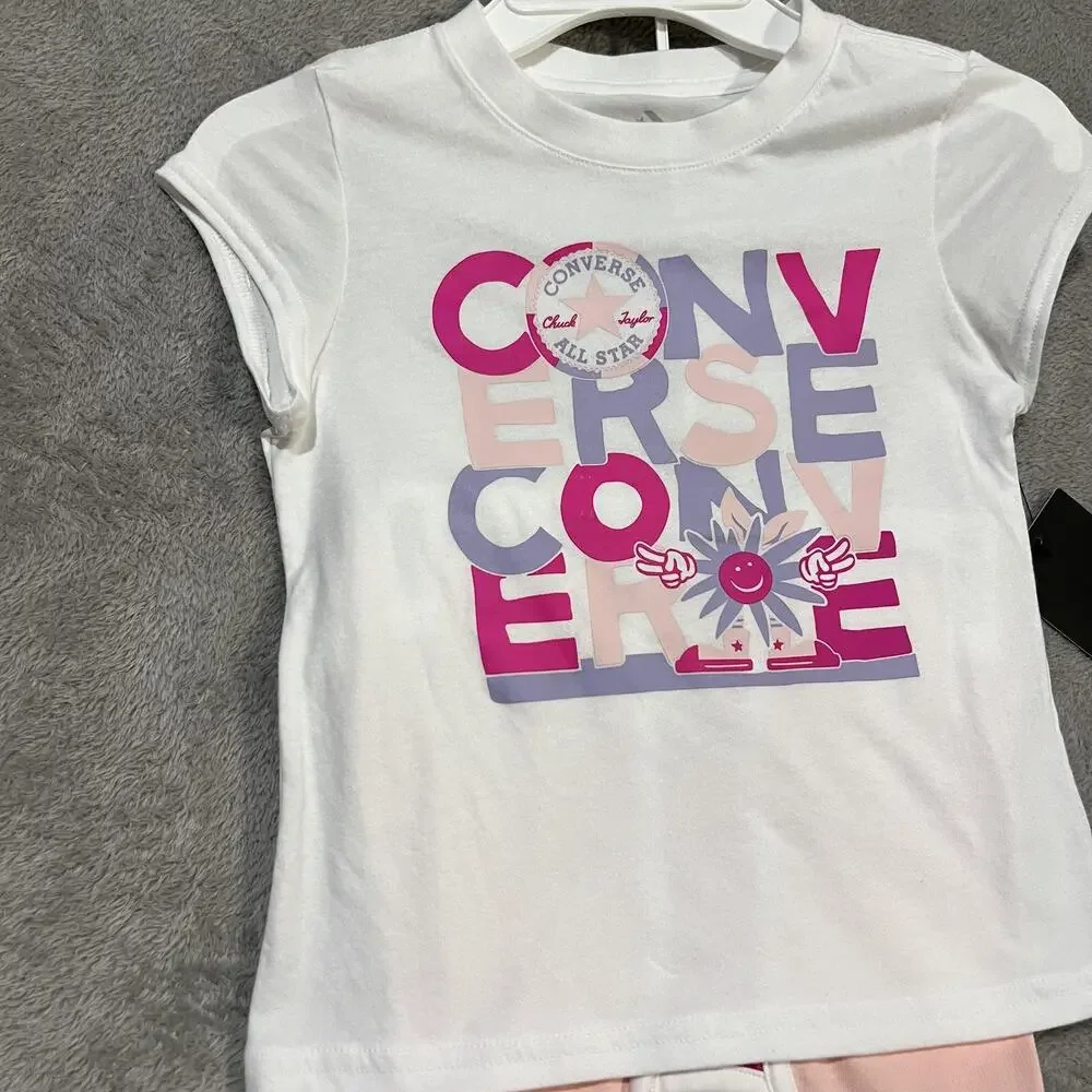Converse Shirt Shorts Set Girls 6X White Pink All Star 2 Piece Graphic Outfit